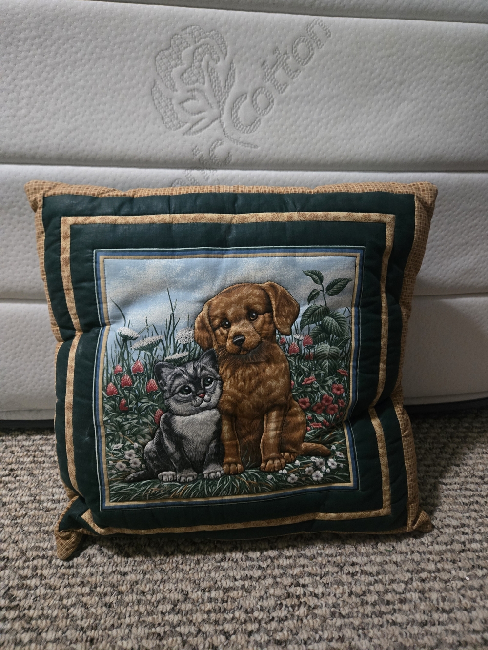 Green and Tan Handmade Decorative Pillow with Puppy and Kitten Artwork